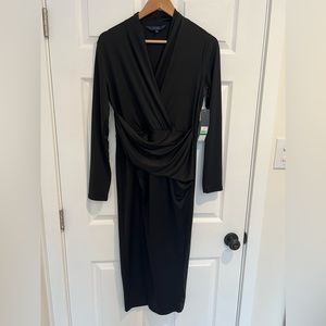 Rachel Roy Womens Black Slitted Long Sleeve V Neck Midi Evening Sheath Dress